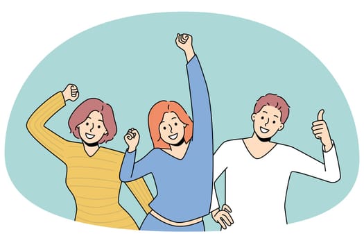 Happy diverse young people feel joyful dancing relaxing together. Smiling millennial friends have fun enjoy party or celebration laughing and joking. Flat vector illustration, cartoon character.