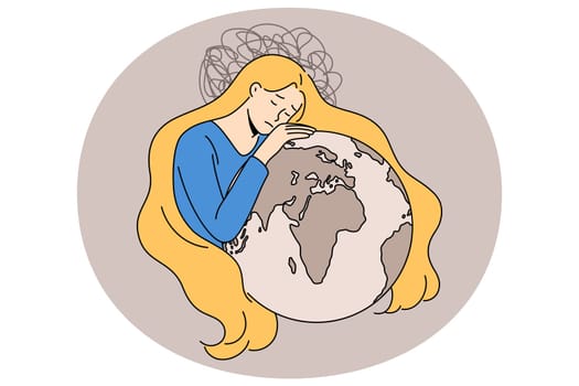 Sad young Ukrainian woman in national colors hug planet Earth stand for peace in Ukraine. Upset girl mourn and grief for land. Stop war, stop Russian aggression. Flat vector illustration.