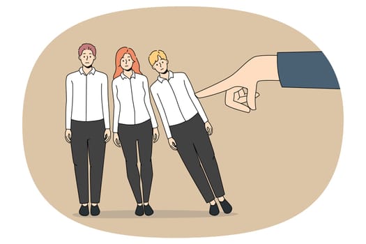 Businessman finger touch employees figures make them fall. Concept of domino effect at workplace. Strong male work leader push colleagues or rivals out. Vector illustration, cartoon character.