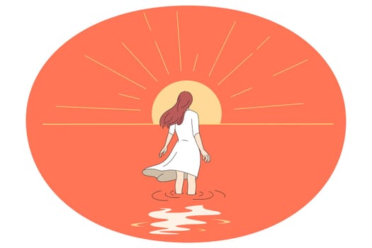Back view of woman walking towards sun. Concept of self-development and inner growth. Female involved in cognitive therapy and self-discovery. Counseling and psychology. Vector illustration.
