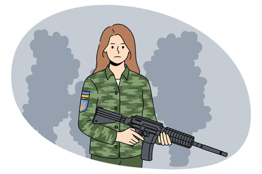 Portrait of Ukrainian woman soldier in military uniform with gun fight on war for independence. Courageous female with rifle participate protect country in Ukraine Russia war. Vector illustration.