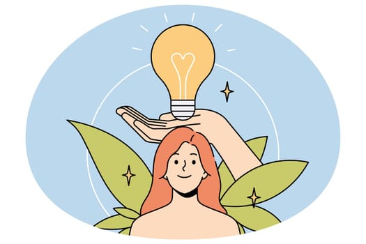 Huge hand holding lightbulb above smiling woman head. Happy female generate creative ideas brainstorm think over plans or thoughts. Visualization concept. Vector illustration.