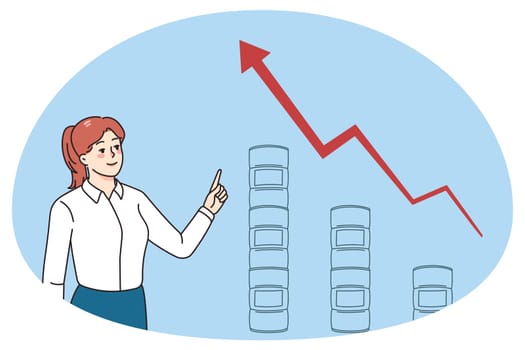 Smiling businesswoman show oil and gas prices rise on stock market. Female employee demonstrate increase in fuel and petroleum on graph or chart. Gasoline stocks. Vector illustration.