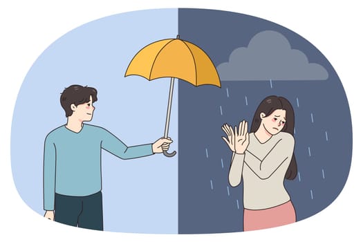 Depressed woman refuse from male friend help cover her with umbrella from rain. Unhappy girl suffer from depression reject aid or assistance. Psychological problem, pessimism. Vector illustration.