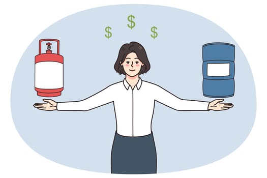 Smiling successful businesswoman sell oil and gas barrels to customer. Confident female employee compare natural resources prices. Fuel and petroleum concept. Vector illustration.