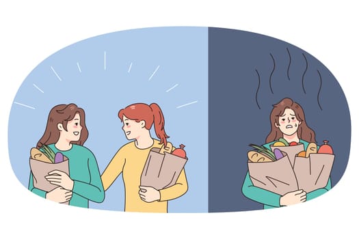 Personal assistant help tired woman with grocery shopping. Smiling caring helper assist exhausted housewife with household chores. Homework and assistance concept. Vector illustration.