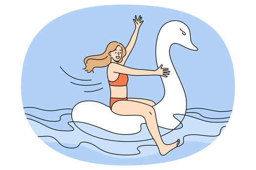 Funny happy girl in swimsuit floating on rubber swan in sea on summer vacation. Smiling young woman in bikini have fun swimming on inflatable ring on holidays. Vector illustration.