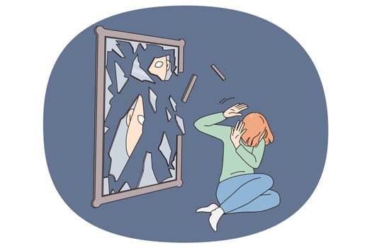 Unhappy young woman near broken mirror struggle with mental problem or depression. Upset girl suffer from psychological disorder or bullying. Inner conflict concept. Vector illustration.