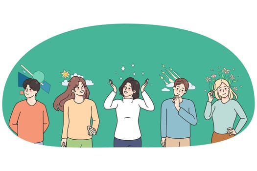 Diverse people with different thoughts and feelings in head. Men and women thinking, imagining and planning. Emotion and expressions in mind. Visualization. Vector illustration.