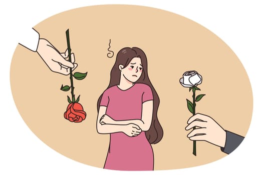 Unhappy beautiful girl refuse from flowers offered by various men. Guys present roses to pretty young woman feeling upset and lonely. Concept of attention and courtship. Vector illustration.