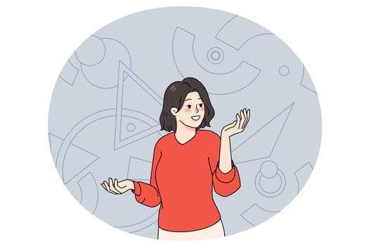 Smiling businesswoman surrounded by various geometric figures and shapes. Female employee work with abstract data and charts. Information analysis concept. Flat vector illustration.