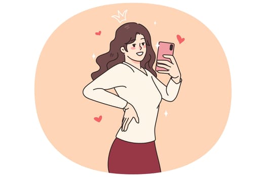 Happy millennial pretty girl male self-portrait picture of cellphone. Smiling young woman blogger or social media influencer take selfie on smartphone camera. Flat vector illustration.