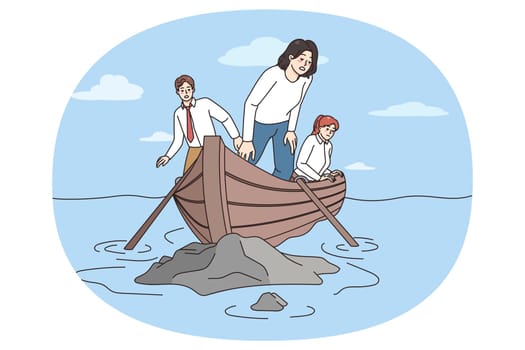 Team of employees in boat crash on rock in sea struggle with group difficulties or challenges. Businesspeople collide with problems at work. Business failure and teamwork. Vector illustration.