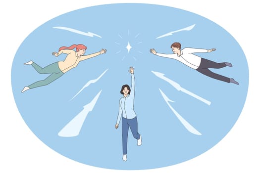 Diverse employees strive to reach control diamond, achieve career goals or aims. Concept of businesspeople teamwork for opportunities seizing and motivation. Flat vector illustration.