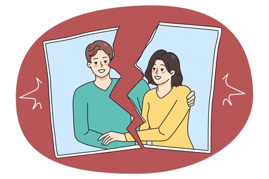 Torn picture of smiling couple show end of romantic relationship. Concept of breakup and divorce. Marriage dissolution and separation. Ex-couple relation photography. Vector illustration.