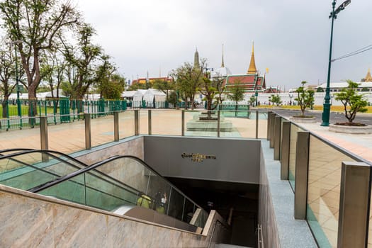 Bangkok,Thailand - April 16, 2023:Walkway tunnel under Na Phra Lan Road at Wat Phra Kaew You can go to the air-conditioned room to cool down, go to the bathroom, walk to see the historical city plan.