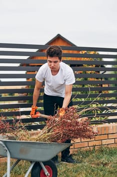Teenage boy planting the plants, working at a home garden. Candid people, real moments, authentic situations