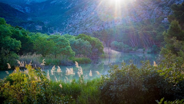 View on the nature and landscape of river Embalse de Gaitanejo on the hiking path Caminito Del Rey in Gobantes