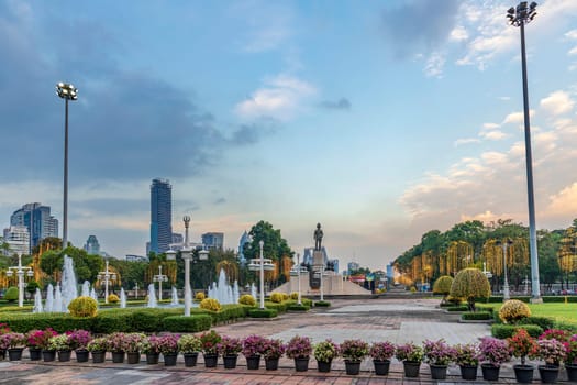 Bangkok, Thailand - Dec 8, 2022 : Monument of King Rama VI located in front of Lumpini Park. There are beautifully decorated with lights. Due to the annual Red Cross Fair held on December 8-18, 2022