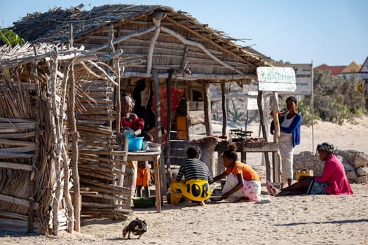 Anakao, Madagascar - November 22nd 2022: Meat stall in a hut on a hot and sunny day. Daily life and local business in Anakao, a coastal town in southern Madagascar