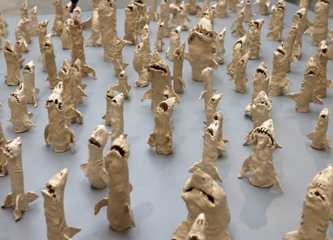 Venice, Italy - September 6, 2022:  59th Venice Art Biennale in Venice.  Great white Fear by the German artist Jana Euler