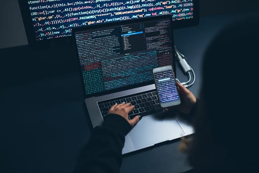 Cyber security threat. Young woman using computer and coding. Internet and network security. Stealing private information. Person using technology to steal password and private data. Cyber attack crime