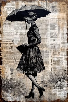 A young woman walks with an umbrella against the background of old newspaper pages. A young woman walks down the street on a rainy day, carrying an umbrella to keep from getting wet. She is dressed in a beautiful skirt and hat and looks stylish and elegant. In the background is a wall of pieces of newspaper and magazine pages, yellowed from time to time. A scene in retro style. Collage in monochrome color, in a unique trendy style. Illustration AI.