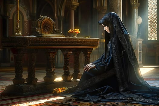 Woman praying at the alter, wearing a black dress. Ai generativ.