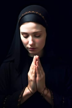 Woman praying at the alter, wearing a black dress. Ai generativ.