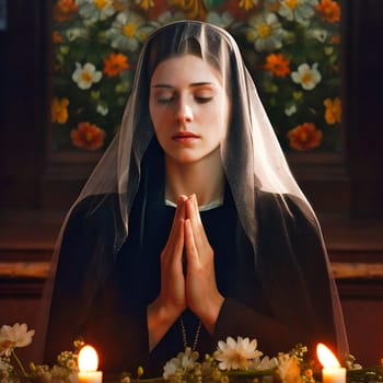 Woman praying at the alter, wearing a black dress. Ai generativ.