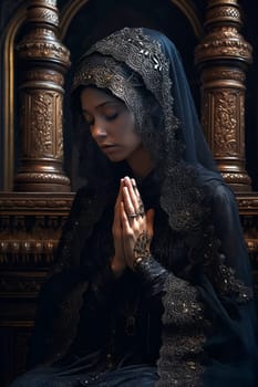 Woman praying at the alter, wearing a black dress. Ai generativ.