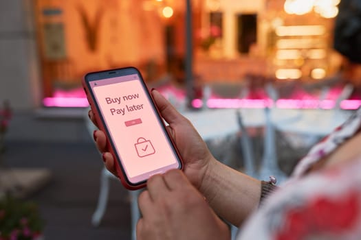 BNPL Buy now pay later online shopping service on smartphone. Online shopping. Paying after delivery. Complete the payment after purchase at no added cost. Payment after credit check. Easy way to shop online. Afterpay service