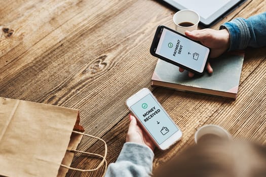 Money transfer. Online banking. People transferring money online using applications for send and receive money on smartphones. Friends making money transfers. Smartphone screen displaying money transfer confirmation. Digital wallet. Money exchange. Paying for online shopping. Fast payment system