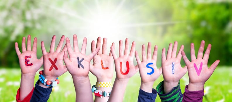 Children Hands Building Colorful German Word Exklusiv means Exclusive. Sunny Green Grass Meadow As Background.