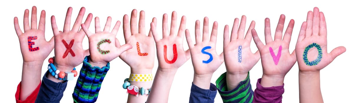 Children Hands Building Colorful Spanish Word Exclusivo means Exclusive. Isolated White Background.