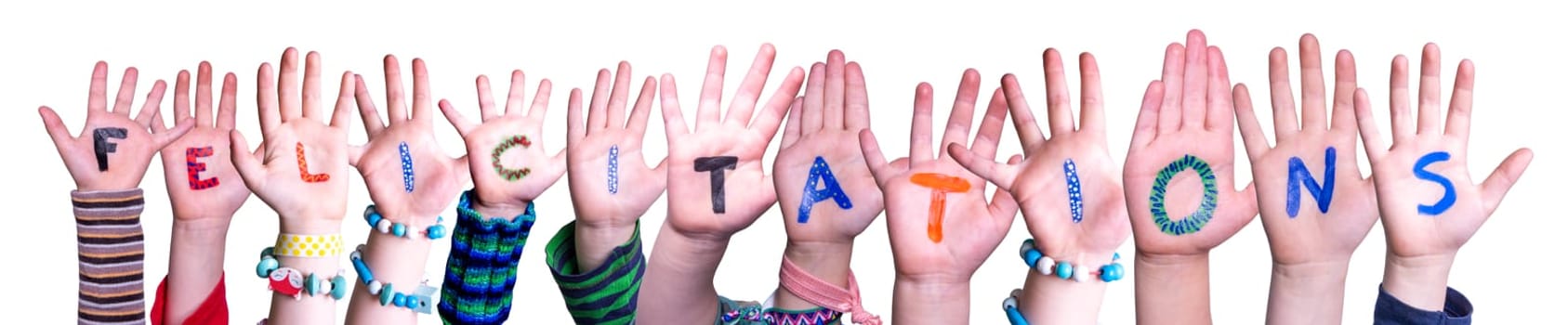 Children Hands Building Colorful French Word Felicitatins Means Congratulations. Isolated White Background.