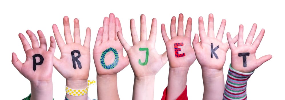 Children Hands Building Colorful German Word Projekt Means Project. White Isolated Background