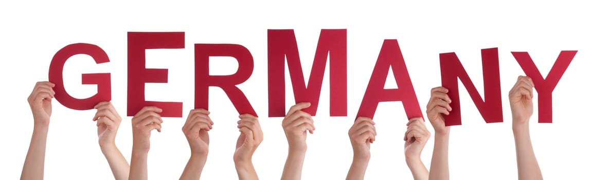 People Or Persons Hands Building English Word Germany. Isolated White Background.
