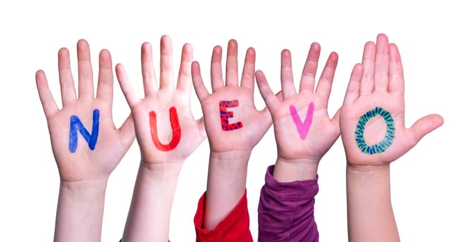 Children Hands Building Colorful Spanish Word Nuevo Means New. Isolated White Background.