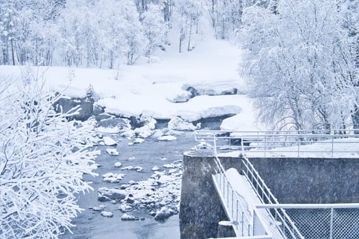Winter landscape in Scandinavia. With snow covered trees by a small stream. Landscape photo from the north