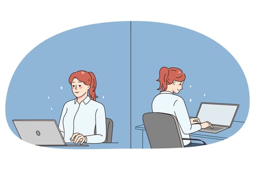 Smiling young female employee sit at desk work on computer. Woman worker use laptop for online job at workplace. Front and back view. Employment concept. Vector illustration.