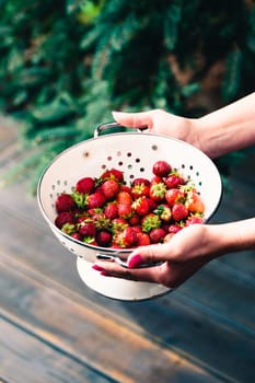 Female hand holding bowl of fresh strawberries sprinkled raindrops over wooden table