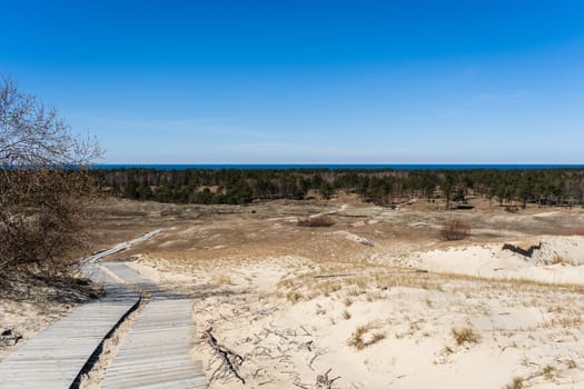 Wooden footpath on the Dead Dunes, or Grey Dunes, Curonian Spit, Neringa, Lithuania.