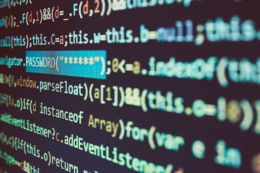 Security and threat in cyberspace. User password. Data security and protection. Programming code. Abstract computer script. Software developer programming code. Digital data on screen. Digital background. Data in database. Computer technology