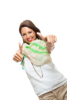 Young pretty brunette woman with upscale thumbs laughing celebrates her success