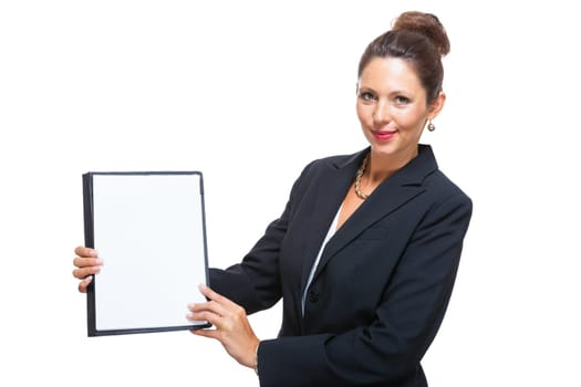 Successful businesswoman with clipboard with white paper text free space freeholder