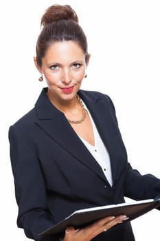 Businesswoman in portrait with portfolio in hand Isolated against a white background