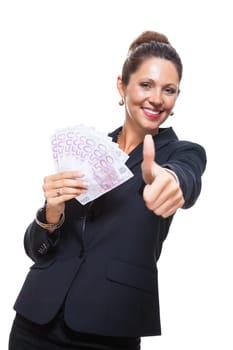 Young successful businesswoman with 500 Euro bills in fan Happy laughing