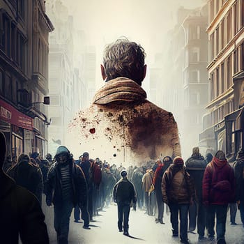 Group of people following huge man standing out from the crowd, manipulation and mind control, be different, generative AI