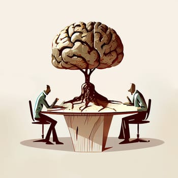 Meeting of businessmen on a round table with a brain tree, brainstorming for ideas and solution, teamwork in business, generative AI